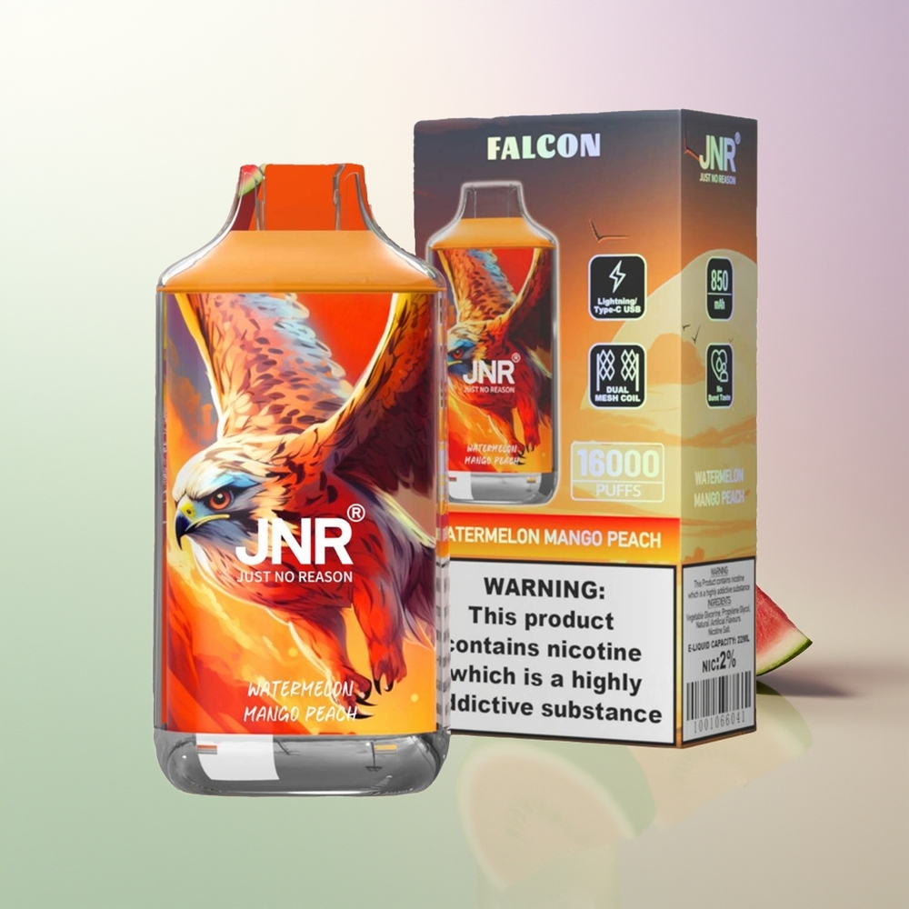 JNR Falcon 16000 Puffs 850mAh 22ml Dual Mesh Coil Type C & Lightning Smart LED Display 0% 2% Лубеница Манго Бресква