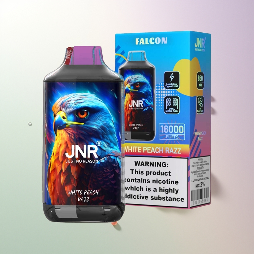 JNR Falcon 16000 Puffs 850mAh 22ml Dual Mesh Coil Type C & Lightning Smart LED Display 0%2% Bela Breskva Malina