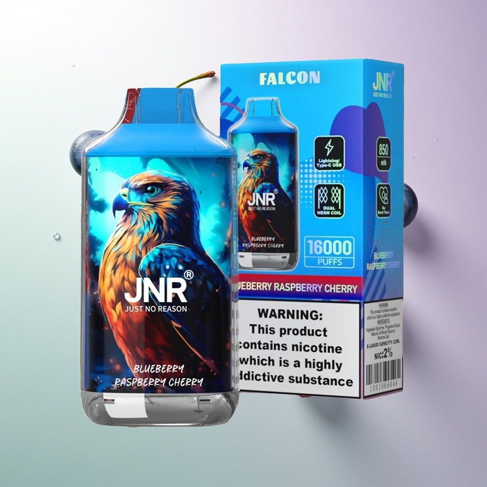 JNR Falcon 16000 Puffs 850mAh 22ml Dual Mesh Coil Type C & Lightning Smart LED Display 0%,2% Borovnica Malina Trešnja