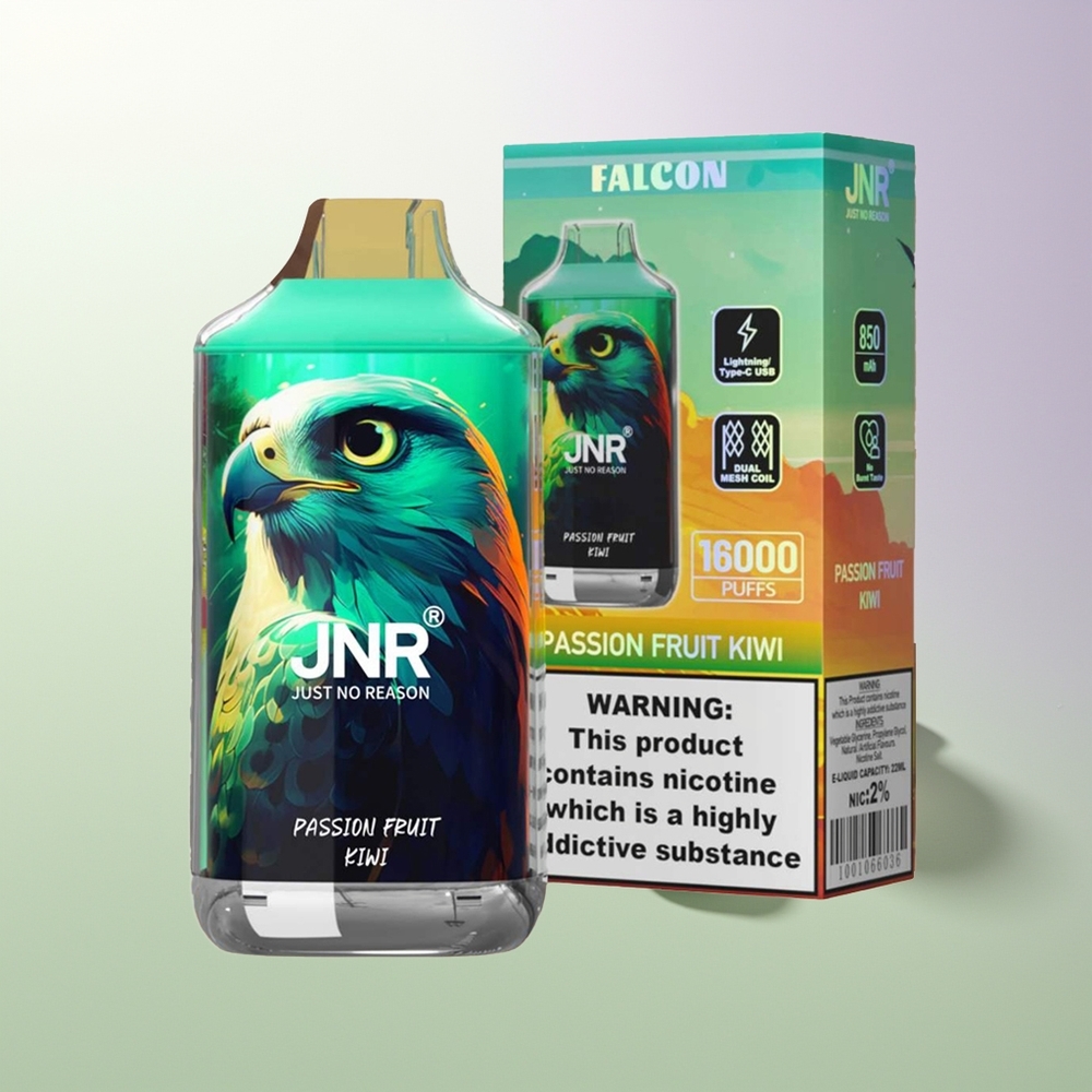 JNR Falcon 16000 Puffs 850mAh 22ml Dvostruka Mreža Zavojnica Type C & Lightning Pametni LED Ekran 0% 2% Nikotina Pasiflora Kivi