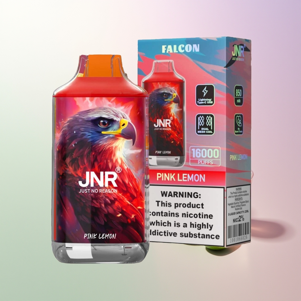 JNR Falcon 16000 Pufova 850mAh 22ml Dvostruka Mreža Zavojnica Tip C & Munja Pametni LED Display 0%2% Roze Limun