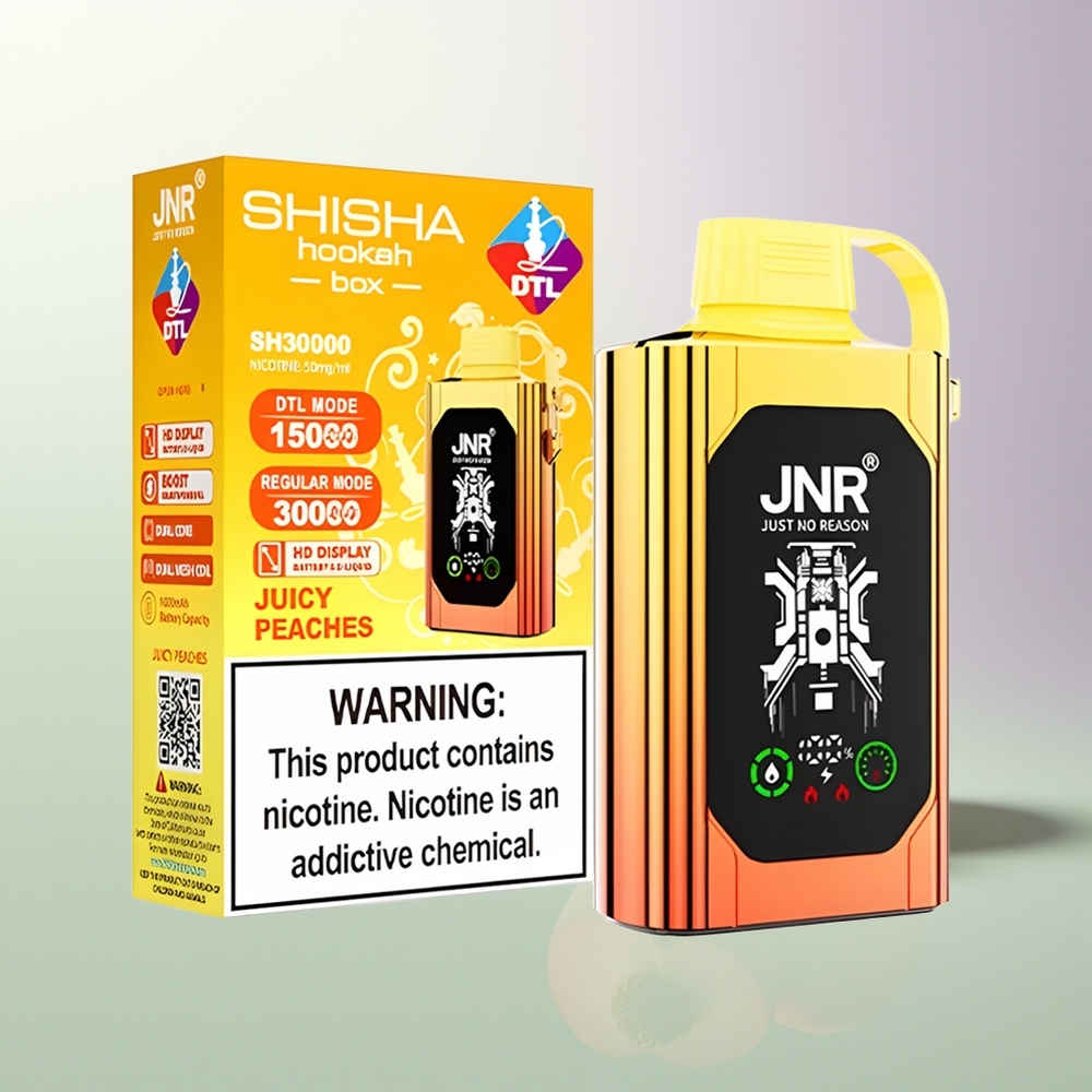 JNR Shisha Hookah Box 20500 Puffs HD Display 1000mAh 25ml Dual Mesh Coil Type-C 0%/2%/5% Sočne Breskve