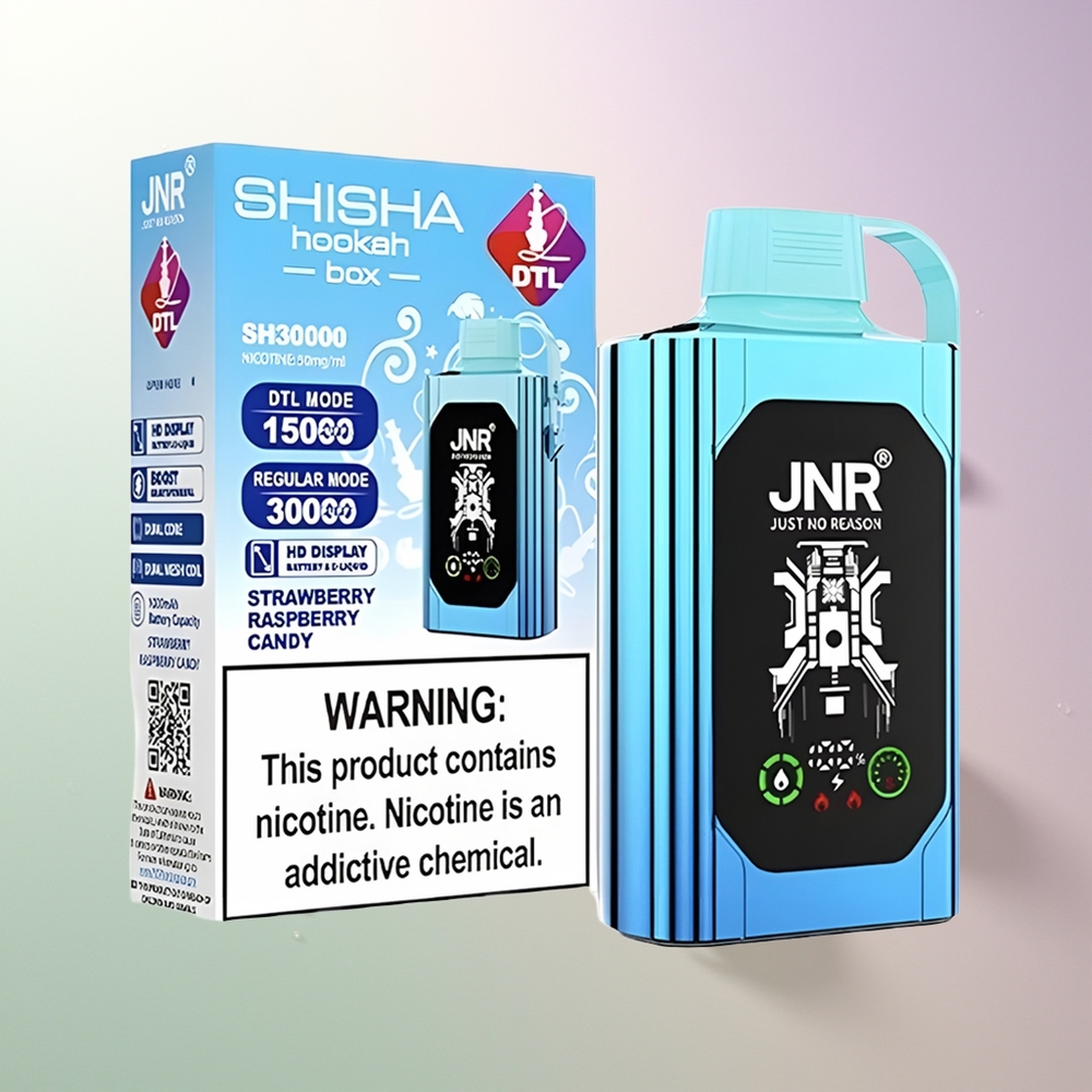 JNR Shisha Hookah Box 20500 Pufova HD Display 1000mAh 25ml Dual Mesh Coil & Dual Core Type-C Quick Charge 0%,2%,5% Jagoda Malina Bombonica