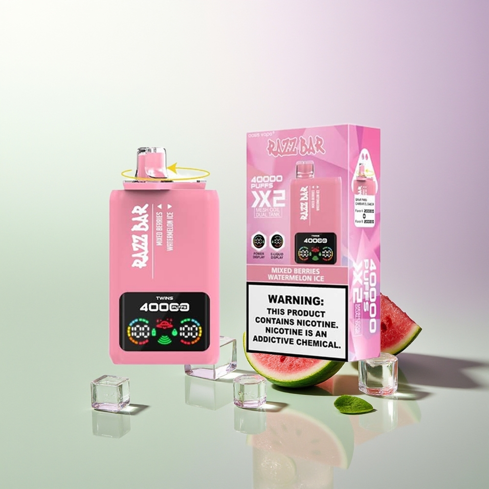 Razz Bar 40000 Puffova Power Screen Display 1.0Ohm 2 Mesh Coil 650 Mah Type-C Port 2% 5% Nikotina Mešane Bobice - Lubenica Led