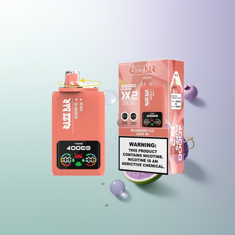 Razz Bar 40000 Puffs Power Screen Display 1.0Ohm 2 Mesh Coil 650 Mah Type-C Port 2%,5% Nicotine Borovnica Led Kombinacija Aroma