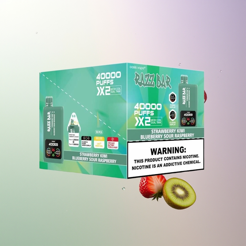 Razz Bar 40000 Puffs Power Screen Display 1.0Ohm 2 Mesh Coil Jagoda Kivi - Borovnica Kisela Malina