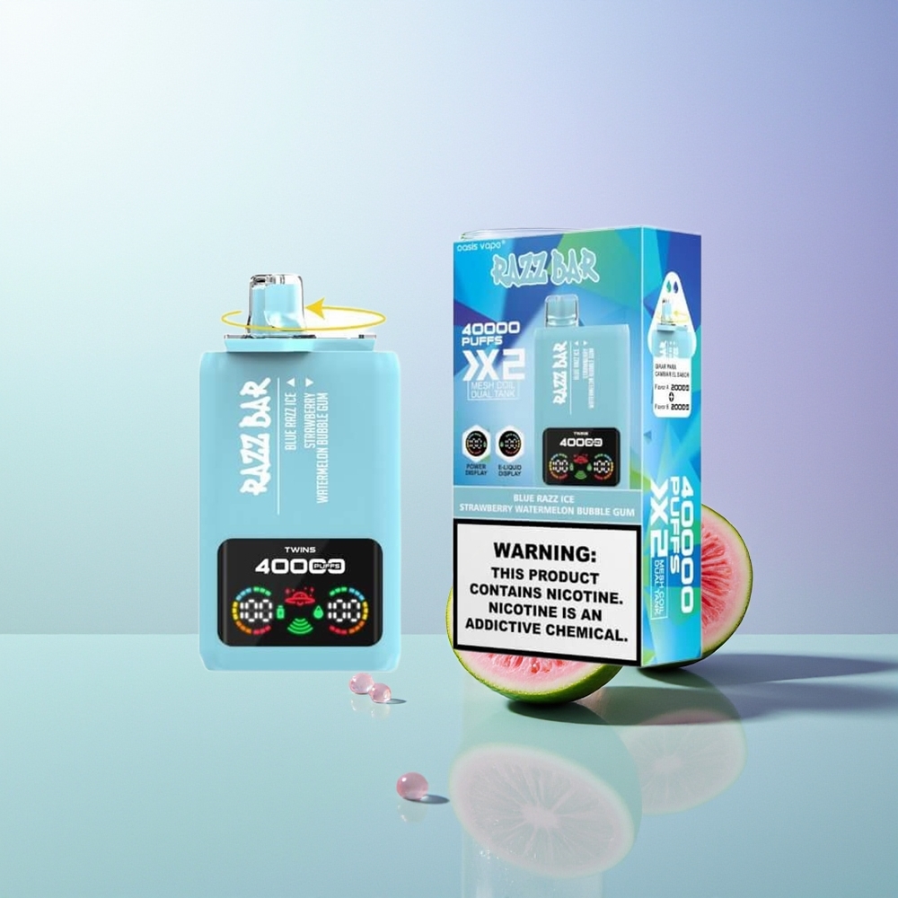 Razz Bar 40000 Pufova Ekran Snage 1.0Ohm 2 Mesh Coil 650 Mah Type-C Port 2% 5% Nikotina Plava Malina Led-Jagoda Lubenica Žvakaća Guma