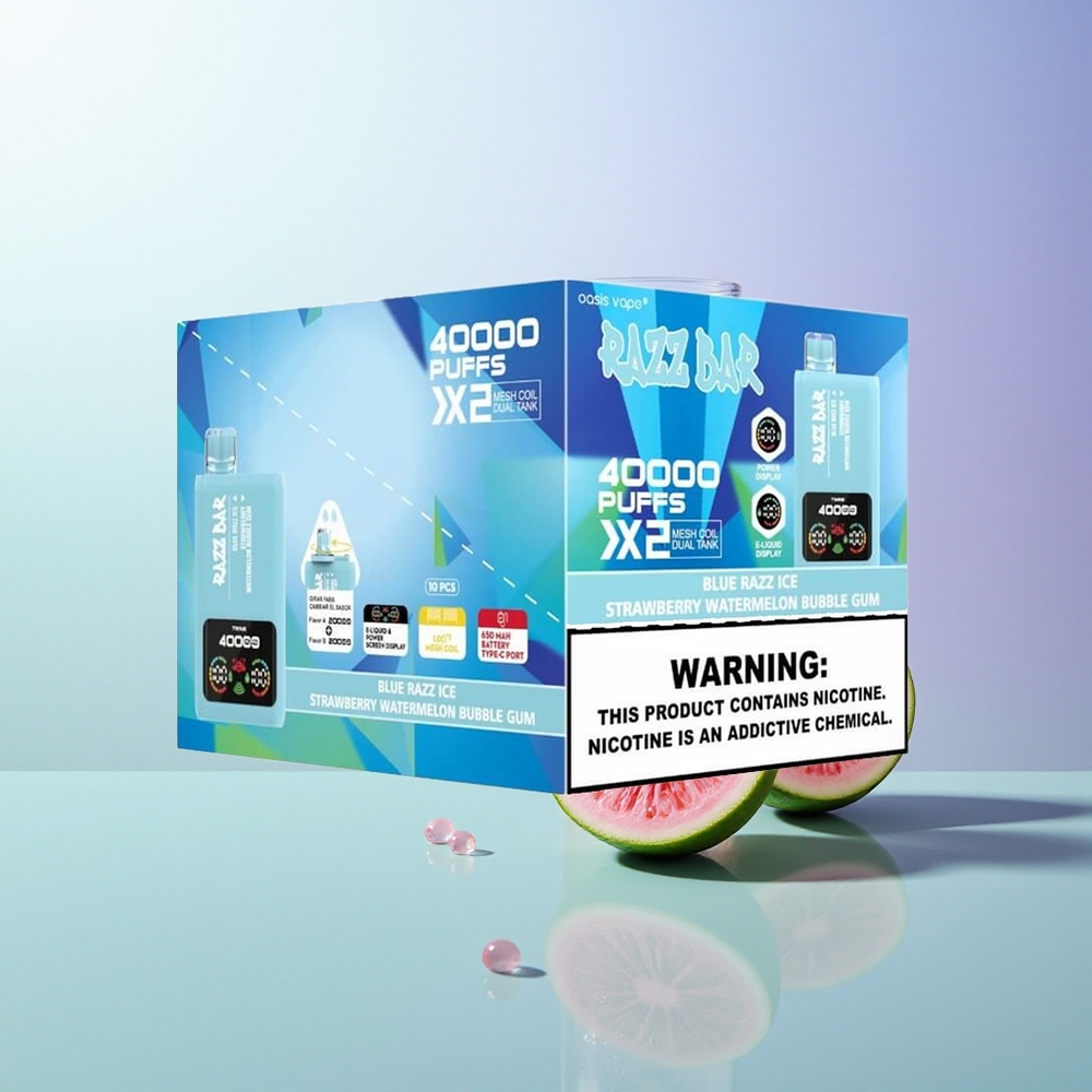 Razz Bar 40000 Pufova Ekran Snage 1.0Ohm 2 Mesh Coil 650 Mah Type-C Port 2% 5% Nikotina Plava Malina Led-Jagoda Lubenica Žvakaća Guma