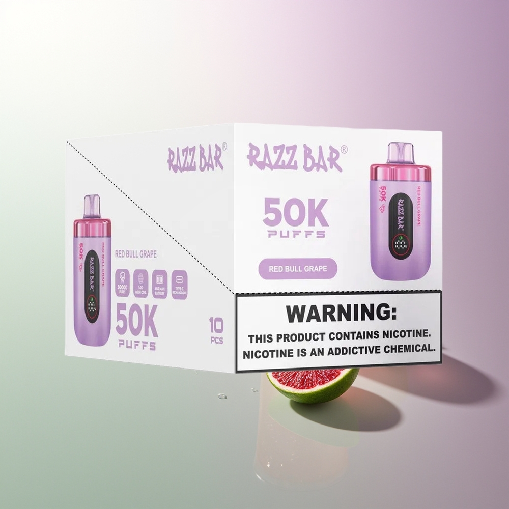 Razz Bar 50K Puffs 1.0 Ohm Mesh 650mAh Type-C 2% Nikotina Crveni Bik Grožđe