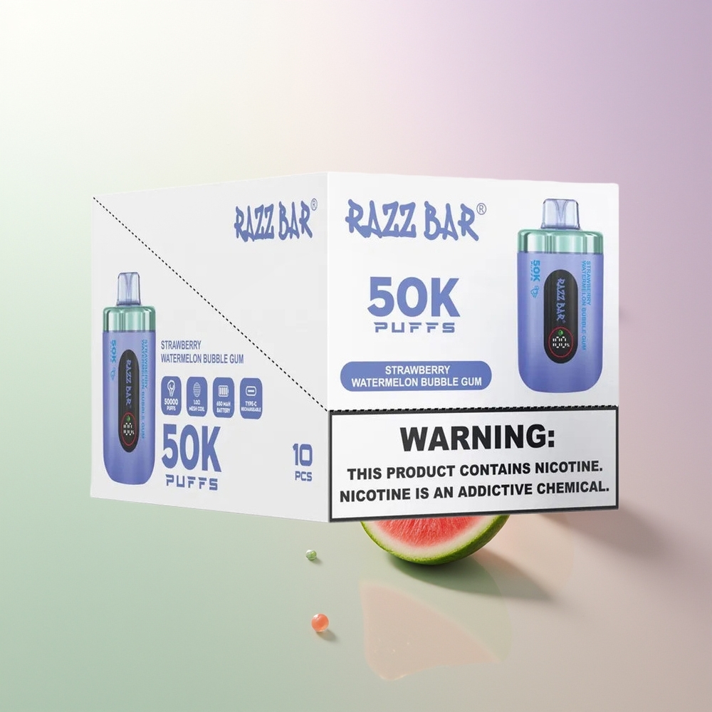 Razz Bar 50K Puffs 1.0 Ohm Mesh 650mAh Type-C 2% Nikotina Jagoda Lubenica Balon Žvaka