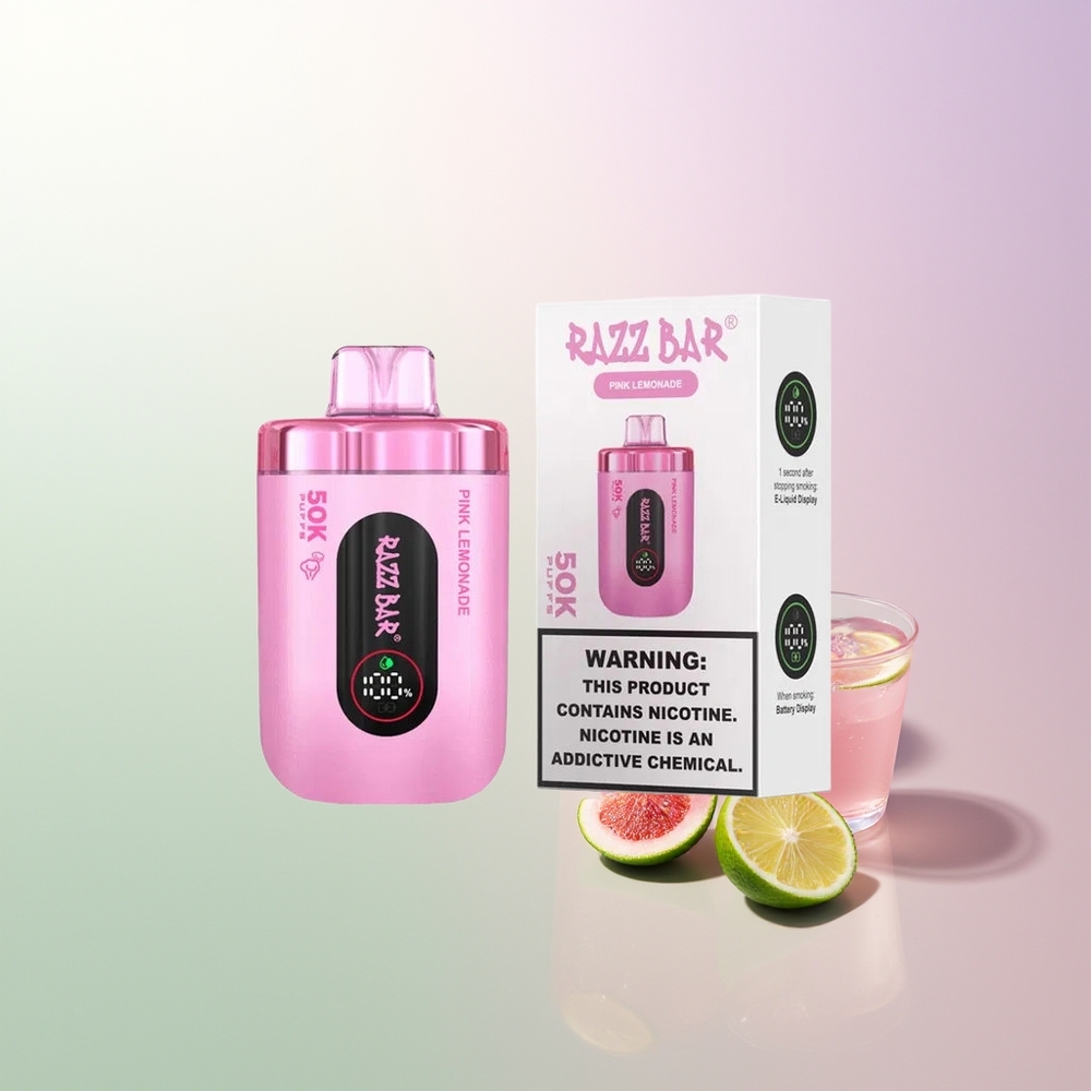Razz Bar 50K Pufova 1.0 Ohm Mrežasti Kalem 650 Mah Baterija Tip-C Punjenje 2% Nikotina Roze Limunada