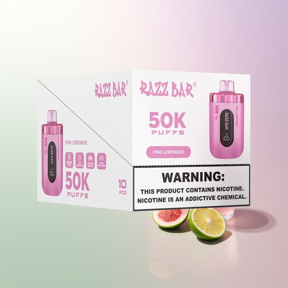 Razz Bar 50K Pufova 1.0 Ohm Mrežasti Kalem 650 Mah Baterija Tip-C Punjenje 2% Nikotina Roze Limunada