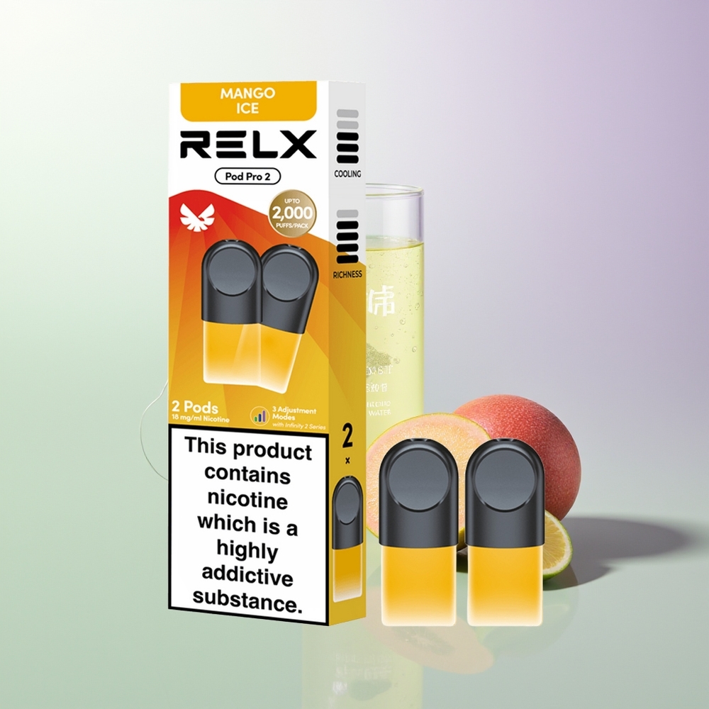 RELX Pod Pro 2 600 uvata 1.9ml 3 režima napona (Eko mod 5.5W, Glatki mod 6.5W, Pojačani mod 8W) Mango Led Srpski trgovci na veliko